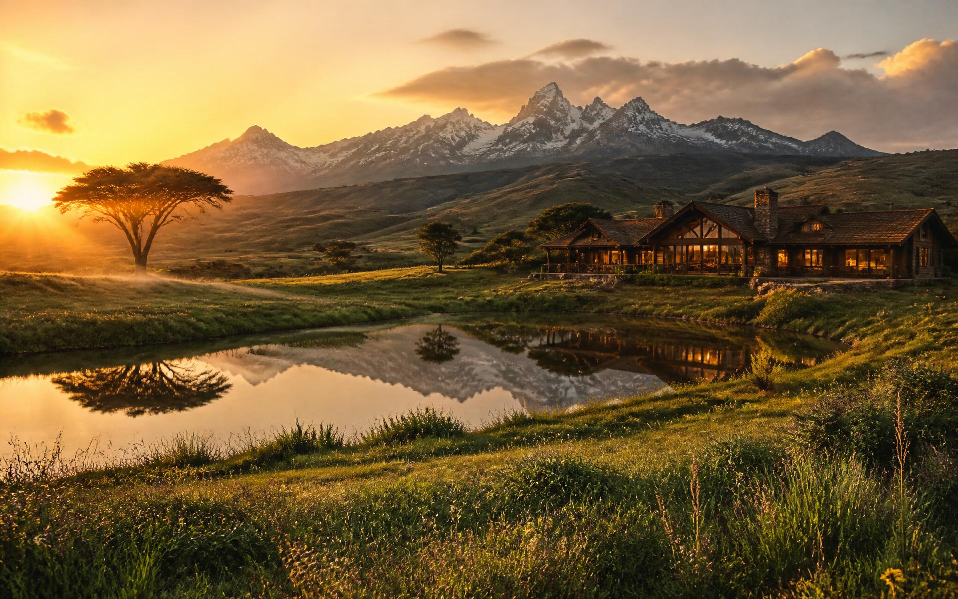 Highcrest Ranch lodge at sunset with Mount Kenya